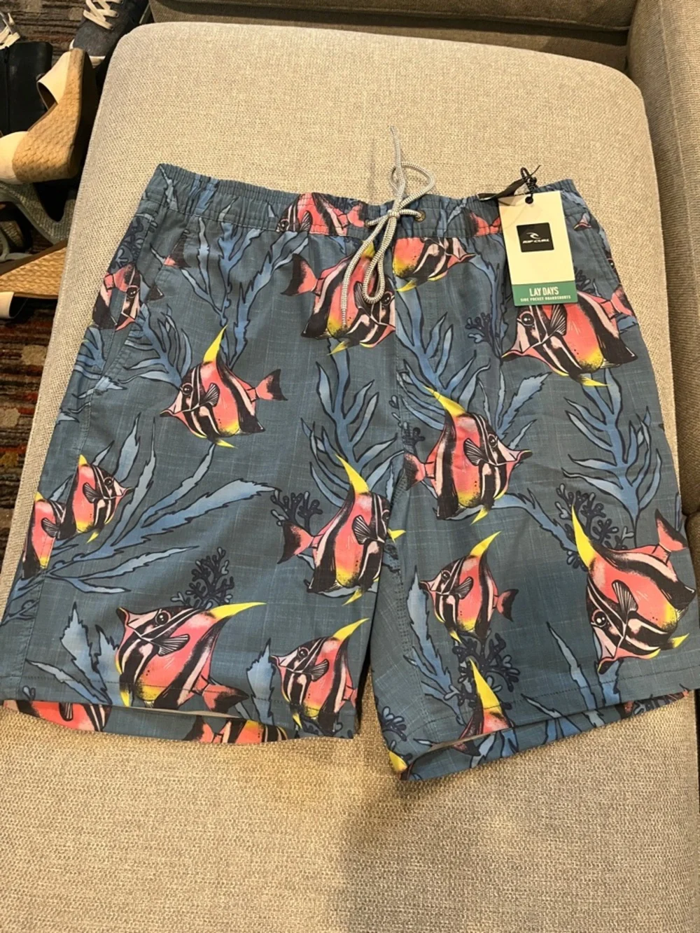 Quiksilver Men’s Blue Swim Trunks with Pink & Yellow Tropical Fish flow volley